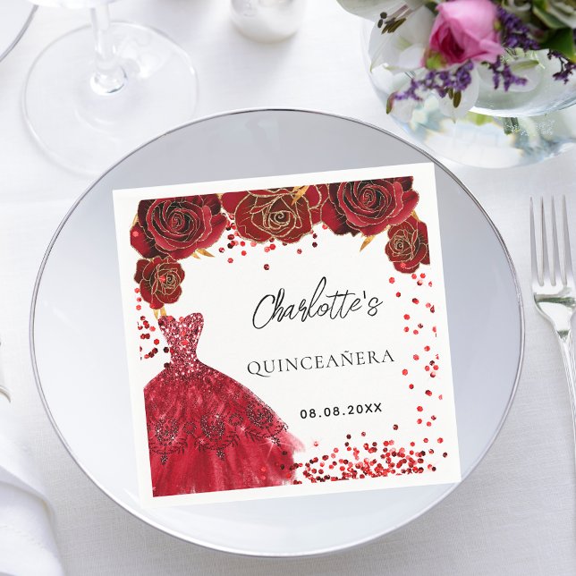 Quinceanera red dress flowers white napkin (Creator Uploaded)
