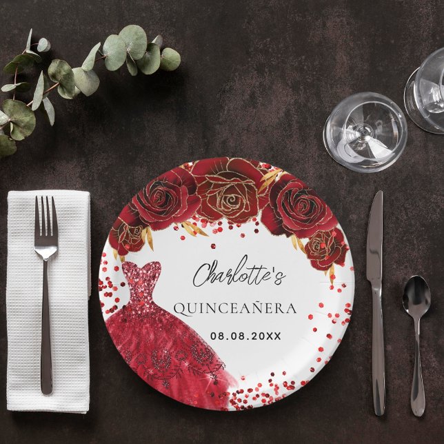 Quinceanera red dress flowers white paper plate (Creator Uploaded)