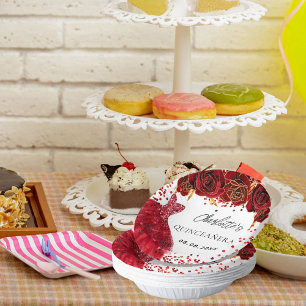 Quinceanera red dress flowers white paper plate