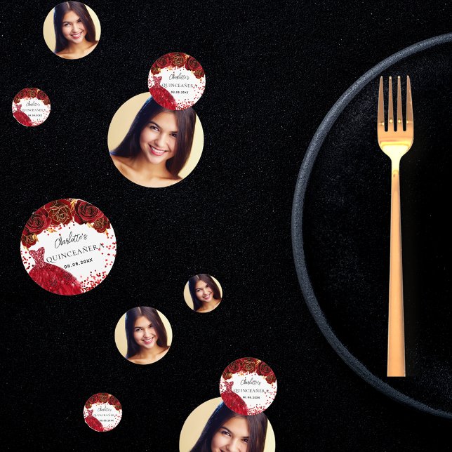 Quinceanera red dress flowers white photo confetti (Creator Uploaded)