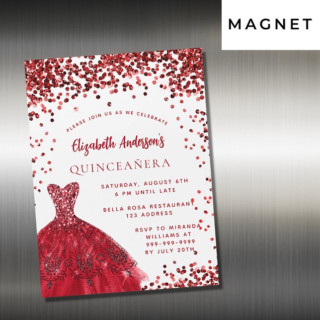 Quinceanera red dress luxury magnetic invitation (Creator Uploaded)