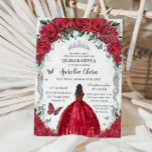 Quinceañera Red Dress Roses Floral Vintage Silver Invitation<br><div class="desc">Personalise this lovely quinceañera invitation with own wording easily and quickly,  simply press the customise it button to further re-arrange and format the style and placement of the text.  Matching items available in store!  (c) The Happy Cat Studio</div>