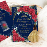 Quinceañera Red Floral Enchanted Rose Navy Blue Save The Date<br><div class="desc">Personalise this lovely save the date easily and quickly, simply press the customise it button to further re-arrange and format the style and placement of the text. Perfect for Quinceañera, Sweet 16, 18th birthday, Debutante Ball, Princess Party and more occasions! Matching items available in store! (c) The Happy Cat Studio...</div>