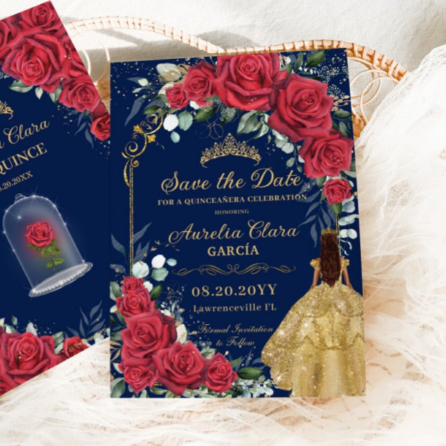 Quinceañera Red Floral Enchanted Rose Navy Blue Save The Date (Creator Uploaded)