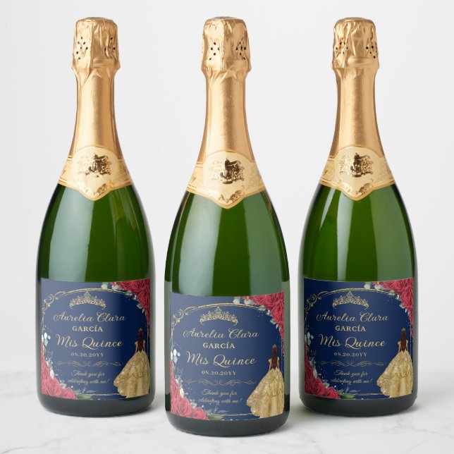 Quinceañera Red Floral Enchanted Rose Navy Blue Sparkling Wine Label (Bottles)
