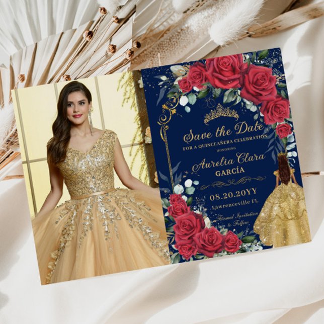 Quinceañera Red Floral Enchanted Rose Navy Photo Save The Date (Creator Uploaded)