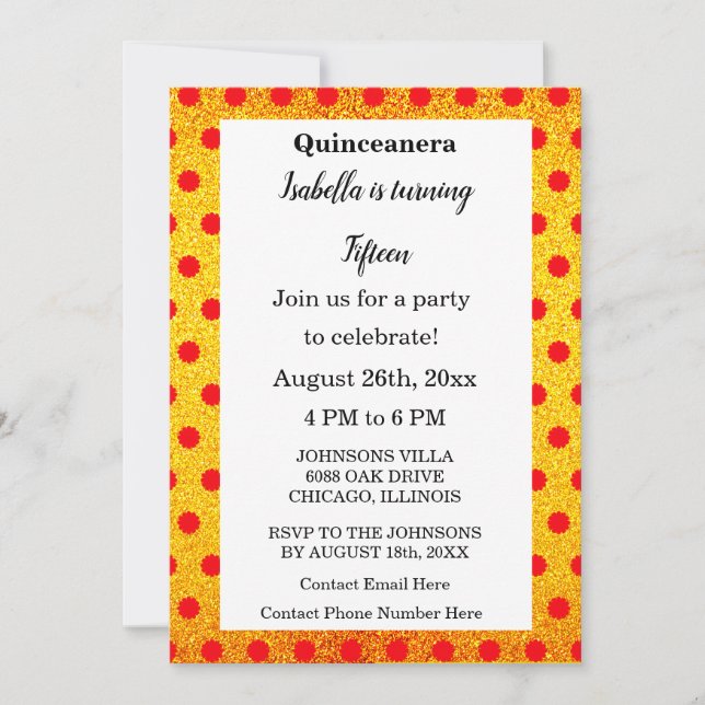 Quinceanera Red Floral Gold Glitter Black Text Invitation (Front)