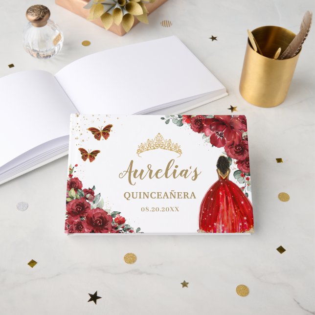 Quinceanera Red Floral Roses Brown Princess Dress Guest Book (Front Open)