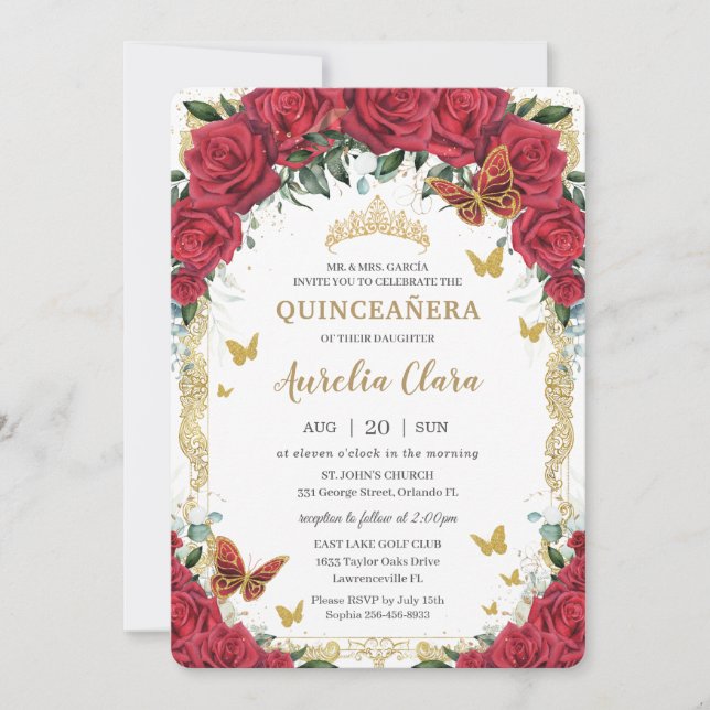 Quinceañera Red Floral Vintage Gold Butterflies Invitation (Front)