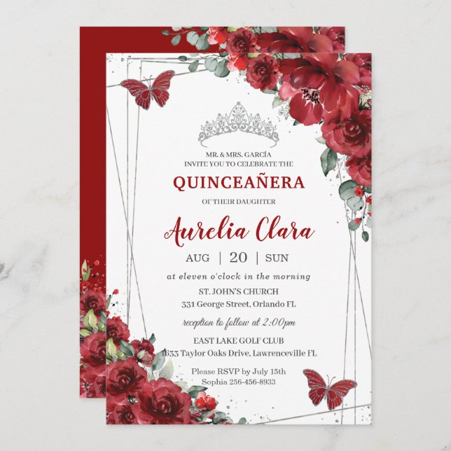 Quinceañera Red Flowers Floral Silver Butterfly Invitation (Front/Back)