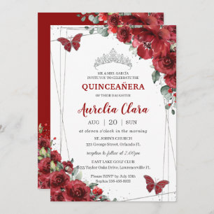 Quinceañera Red Flowers Floral Silver Butterfly Invitation