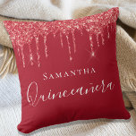 Quinceanera red glitter drips name cushion<br><div class="desc">A pillow for a Quinceañera,  15th years old girls room. A red background with faux red glitter drips,  paint dripping look. The text: Quinceañera is written in white with large modern hand lettered style script. Personalise and add a name.</div>