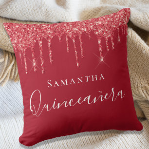 Quinceanera red glitter drips name cushion