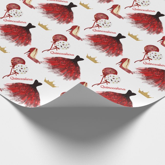 Quinceañera Red Gold Black Party Wear   Wrapping Paper (Corner)