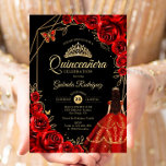 Quinceanera Red Gold Butterfly Dress Floral Invitation<br><div class="desc">Red black and gold Quinceanera celebration invitation. Features brunette girl in ball gown dress,  script font,  gold butterflies,  watercolor roses and tiara. Perfect for an elegant princess style glam celebration. Personalize with your own details. Printed Zazzle invitations or instant download digital printable template.</div>