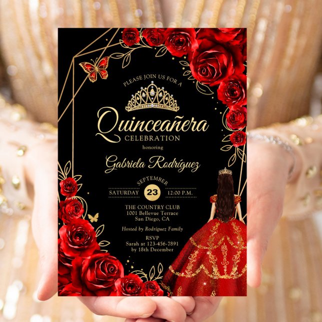 Quinceanera Red Gold Butterfly Dress Floral Invitation (Creator Uploaded)