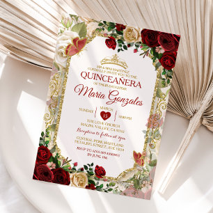 Quinceañera Red & Gold Crown Mexican Butterfly Invitation