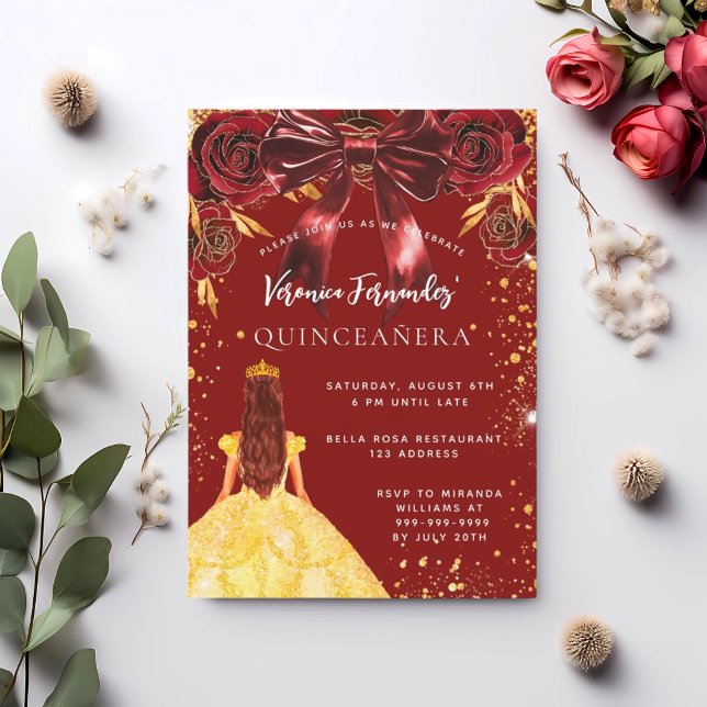 Quinceanera red gold dress bow florals invitation (Creator Uploaded)