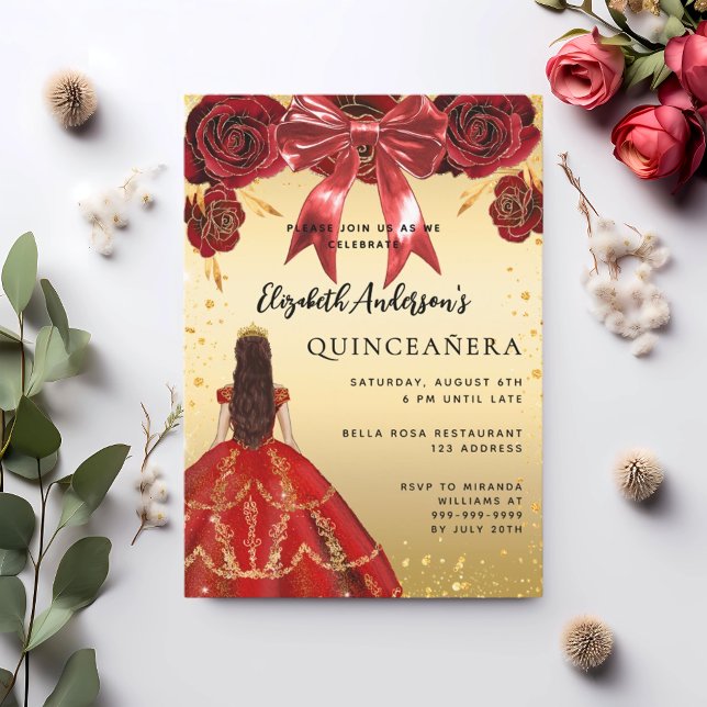 Quinceanera red gold dress bow florals invitation (Creator Uploaded)