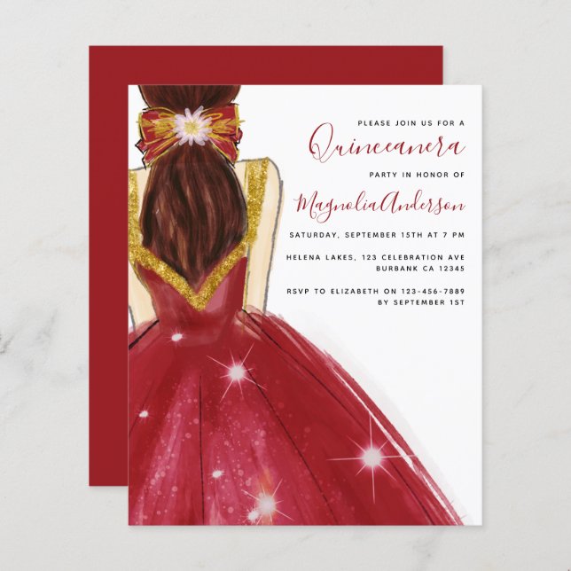 Quinceanera Red Gold Dress Budget Invitation (Front/Back)