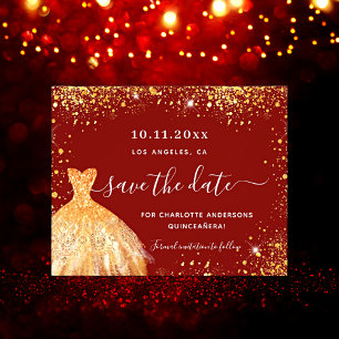 Quinceanera red gold dress budget save the date flyer