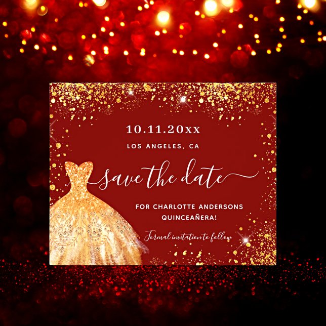 Quinceanera red gold dress budget save the date flyer (Creator Uploaded)