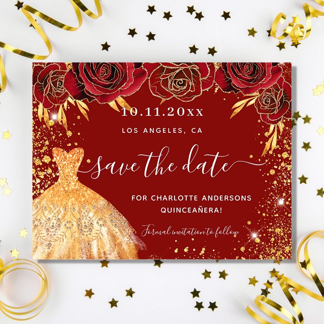 Quinceanera red gold dress budget save the date flyer (Creator Uploaded)