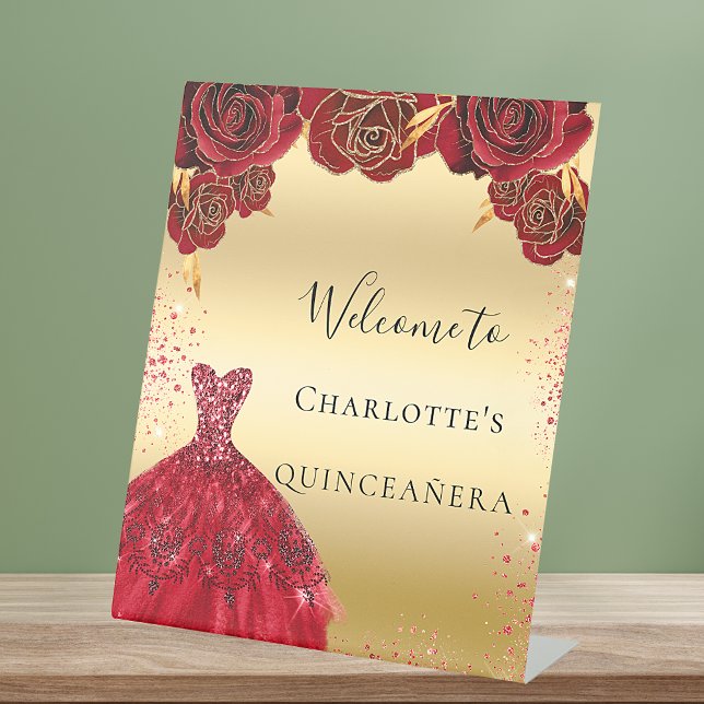 Quinceanera red gold dress floral welcome pedestal sign (Creator Uploaded)