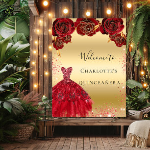 Quinceanera red gold dress floral welcome poster
