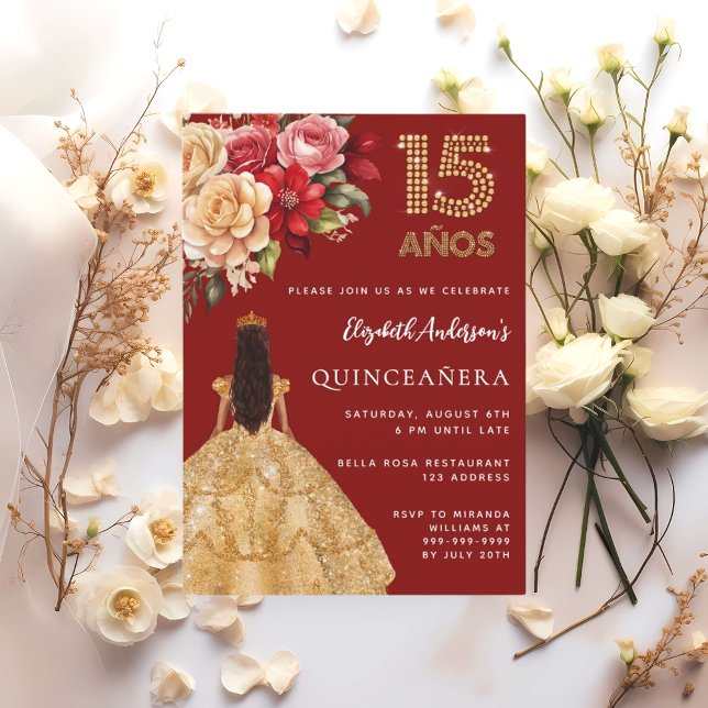 Quinceanera red gold dress florals roses invitation (Creator Uploaded)