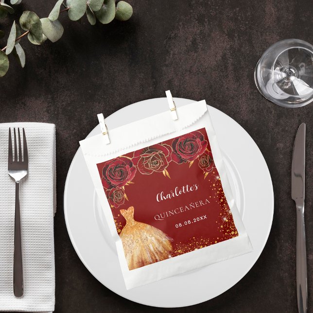 Quinceanera red gold dress flowers favour bags (Creator Uploaded)