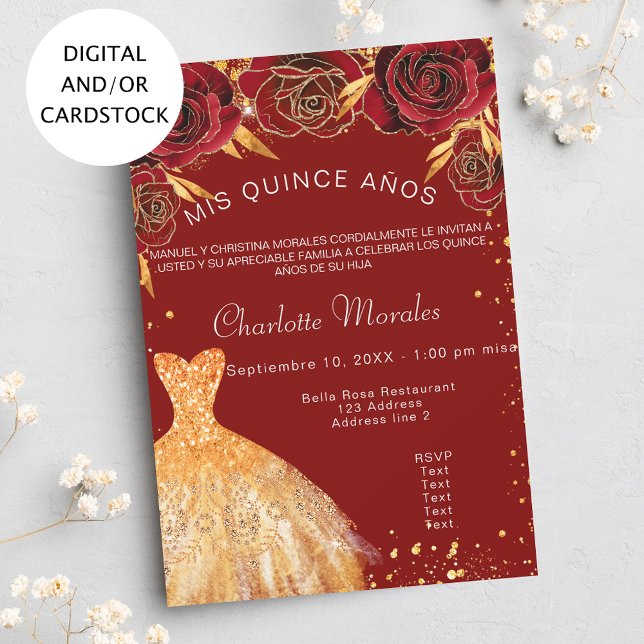 Quinceanera red gold dress flowers invitation (Creator Uploaded)