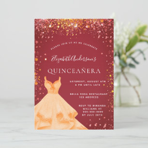 Quinceanera red gold dress glitter dust invitation