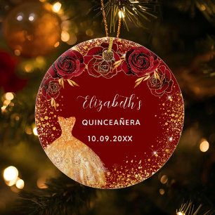 Quinceanera red gold dress name glam ceramic tree decoration