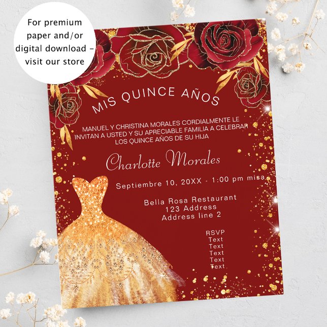 Quinceanera red gold dress roses budget invitation flyer (Creator Uploaded)