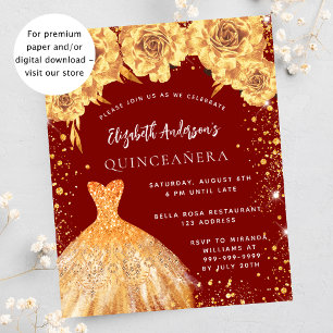 Quinceanera red gold dress roses invitation