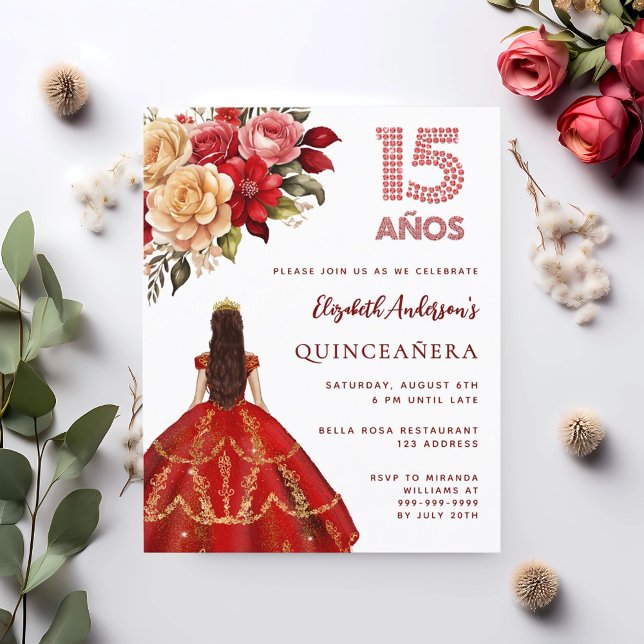 Quinceanera red gold dress roses invitation (Creator Uploaded)