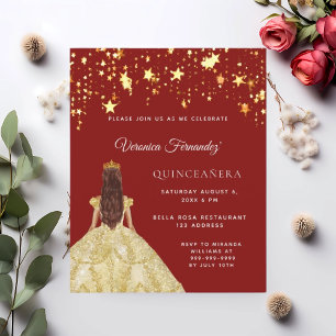Quinceanera red gold dress stars invitation