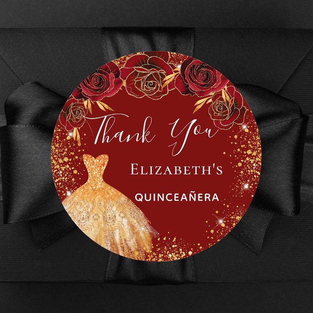 Quinceanera red gold dress Thank You Classic Round Sticker (Creator Uploaded)