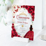 Quinceanera Red Gold Floral Acrylic Invitations<br><div class="desc">Red gold Quinceanera celebration invitation. Features brunette girl in ball gown dress,  script font,  gold butterflies,  watercolor roses and tiara. Perfect for an elegant princess style glam celebration. Personalize with your own details. Stylish transparent or frosted acrylic invitations.</div>