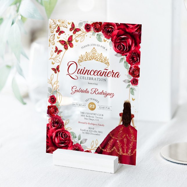 Quinceanera Red Gold Floral Acrylic Invitations (Creator Uploaded)