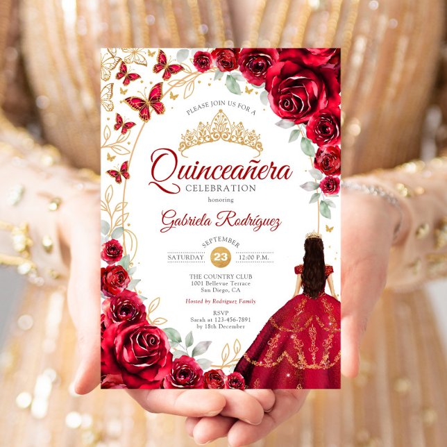 Quinceanera Red Gold Floral Invitation (Creator Uploaded)