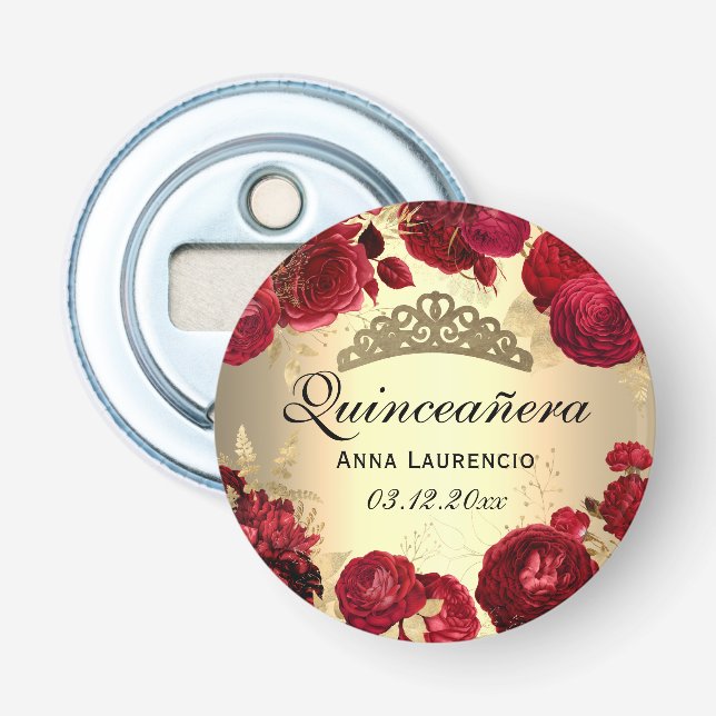 Quinceanera Red Gold Floral Roses Tiara Custom Bottle Opener (Front)
