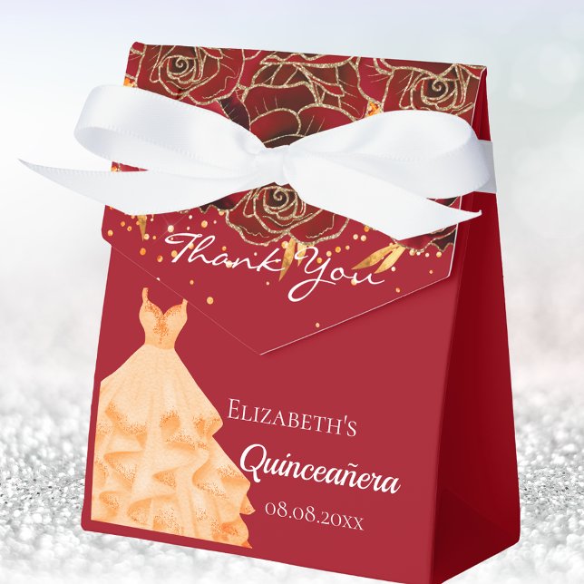 Quinceanera red gold florals dress thank you favour box (Creator Uploaded)