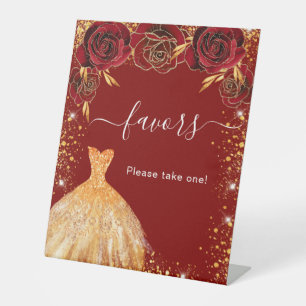 Quinceanera red gold glitter dress floral favours pedestal sign