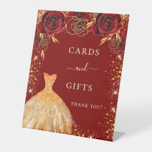 Quinceanera red gold glitter dress floral gifts pedestal sign