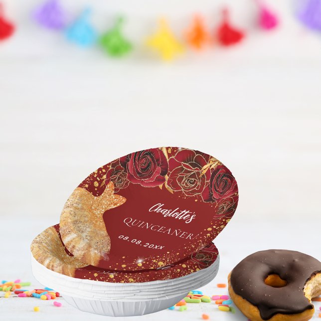 Quinceanera red gold glitter dress floral paper plate (Creator Uploaded)