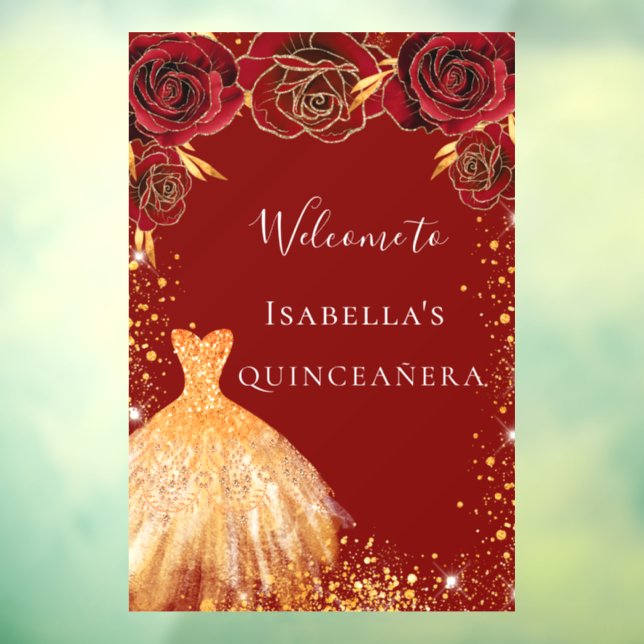 Quinceanera red gold glitter dress floral welcome (Sheet 3)