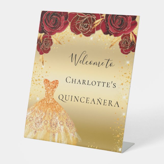 Quinceanera red gold glitter dress floral welcome pedestal sign (Front)