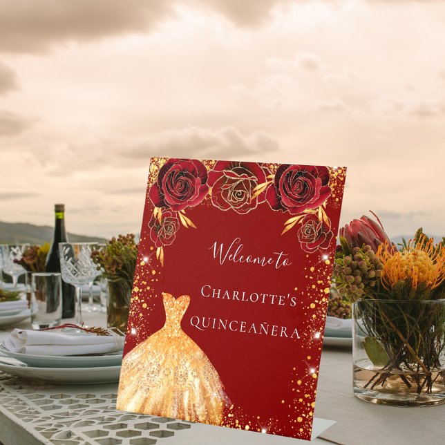 Quinceanera red gold glitter dress floral welcome pedestal sign (Creator Uploaded)